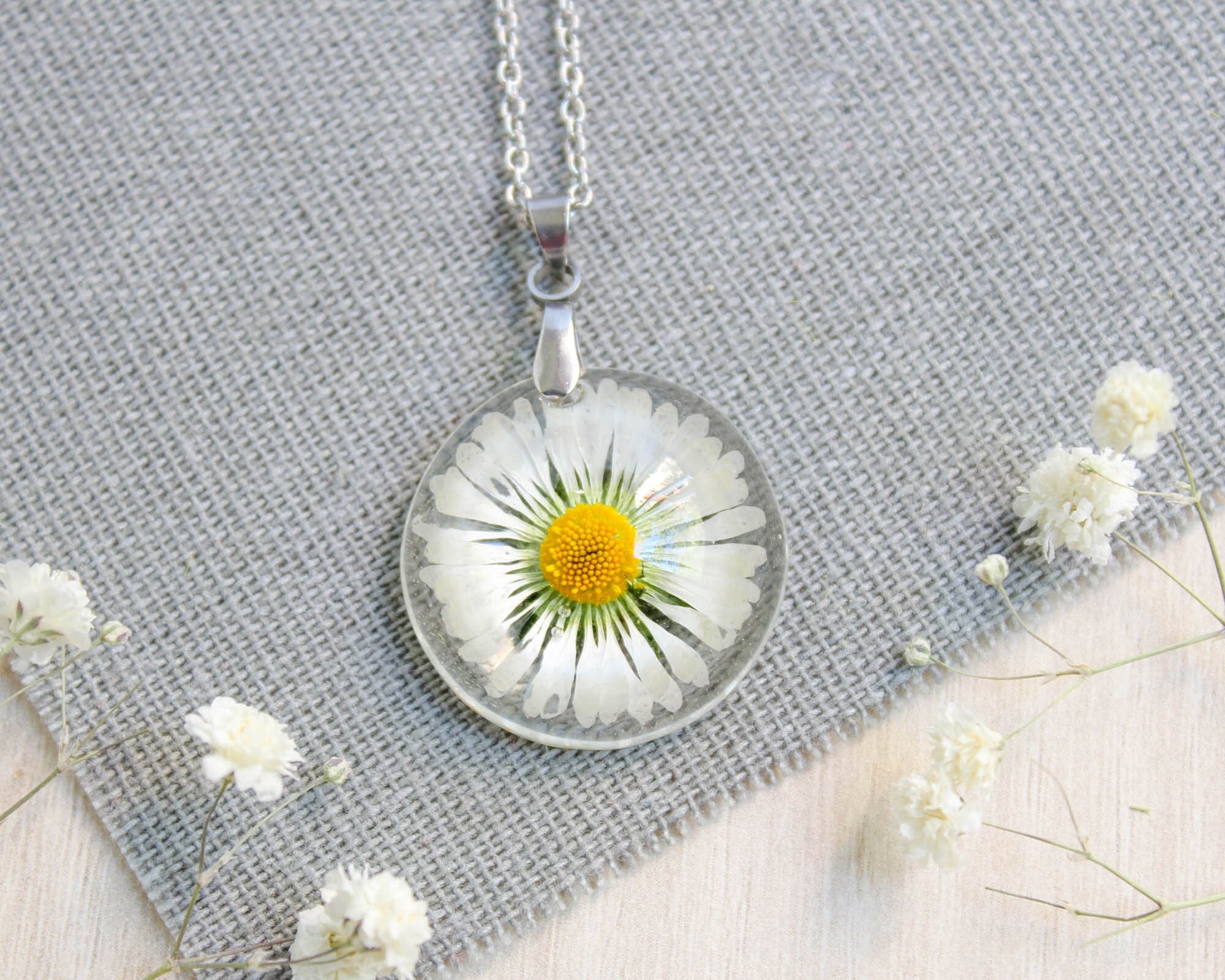 Pressed Daisy Flower Necklace - 21 Birthday Gift For Daughter