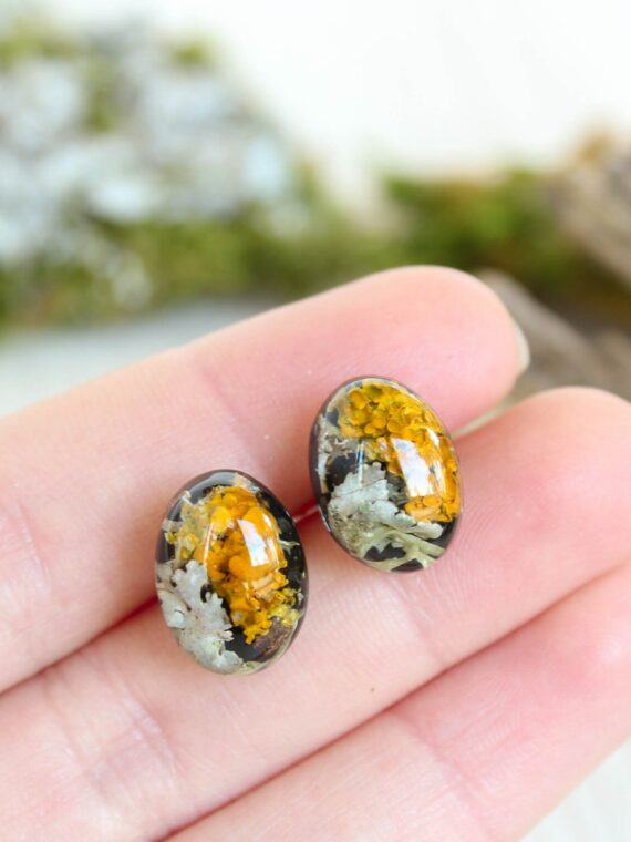 Organic earrings, Moss lichen jewelry, Tiny stud earrings, Oval stud earrings, Boho post earrings, Natural stud earrings, Birthday gift idea