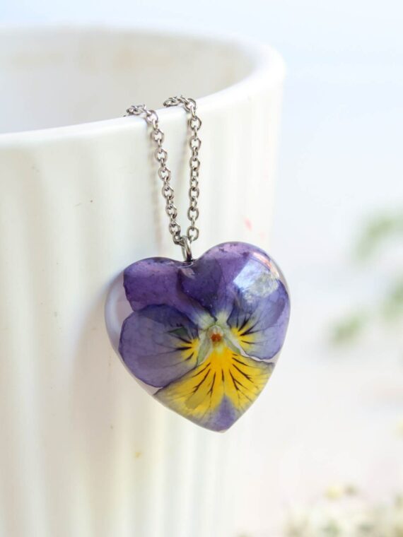 Mother and daughter necklace set, Real flower pendant necklace, Pansy flower jewelry, Mom birthday gift from daughter, Mommy and me necklace