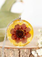October Birth Month Necklace with Pressed Marigold Flower in Resin