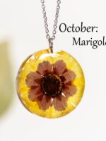 October Birth Month Necklace with Pressed Marigold Flower in Resin