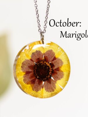 October Birth Month Necklace with Pressed Marigold Flower in Resin