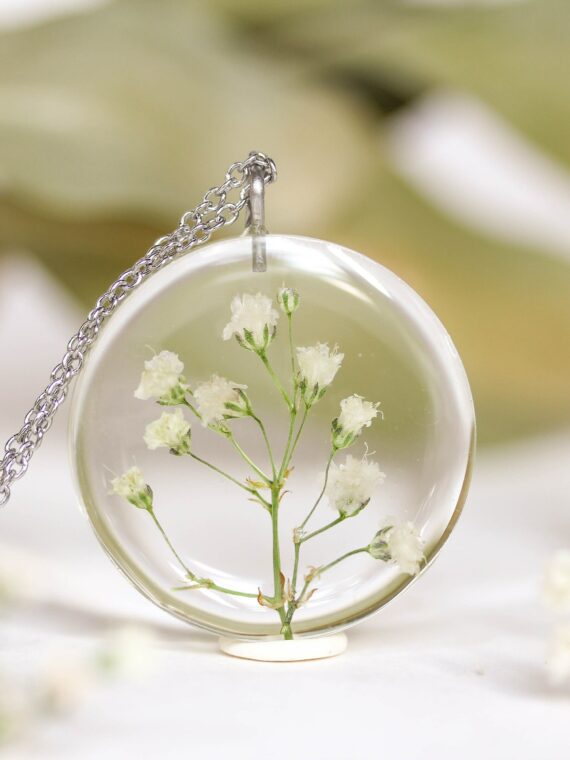 May Birth Flower Necklace with Real Lily Of The Valley in Clear Resin