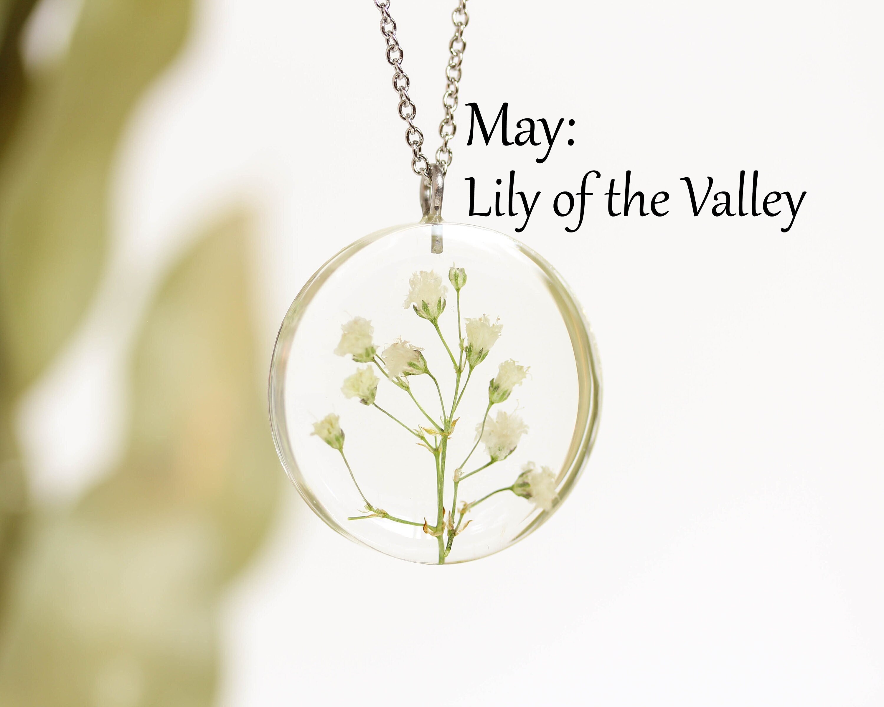 May Birth Flower Necklace with Real Lily Of The Valley in Clear Resin