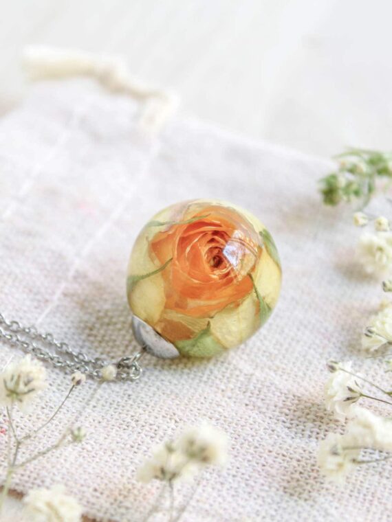 Preserved Rose Flower Necklace in Resin – Yellow Rose Jewelry