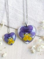 Mother and daughter necklace set, Real flower pendant necklace, Pansy flower jewelry, Mom birthday gift from daughter, Mommy and me necklace