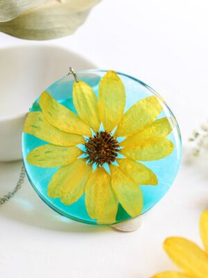 Big flower necklace, Pressed flower pendant necklace, Yellow flower necklace, Light blue necklace, Statement necklace for women, Sunflower
