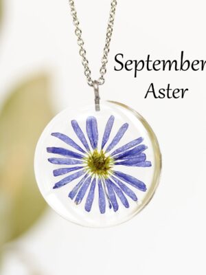 September Birth Flower Necklace with Aster Flower Resin Pendant