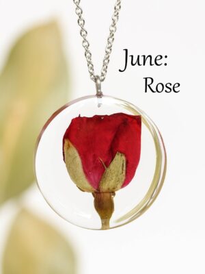 June Birth Flower Necklace with Pressed Rose - Birthday gift for her