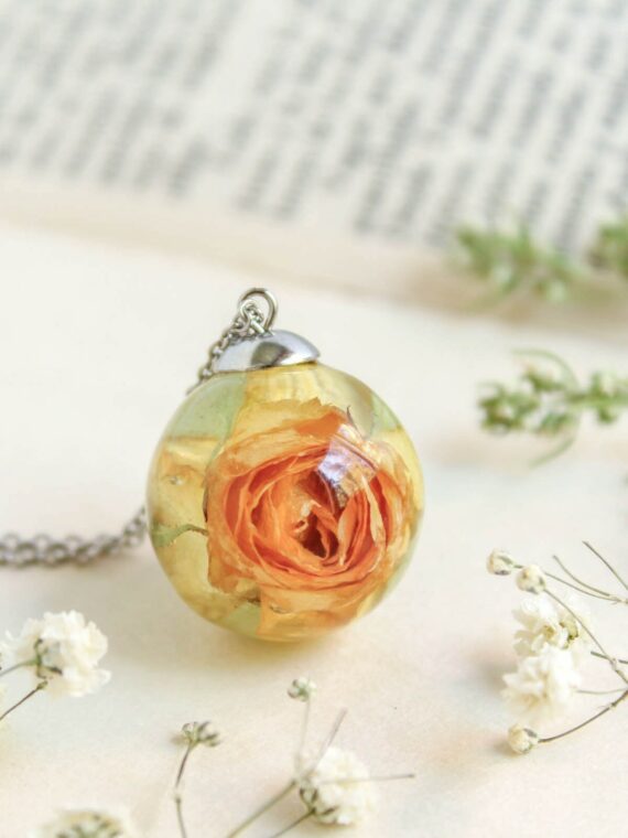 Preserved Rose Flower Necklace in Resin – Yellow Rose Jewelry