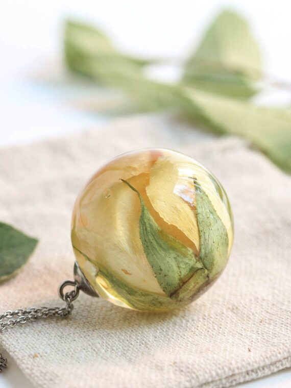 Yellow Rose Pendant Necklace – Dried Flower Resin Jewelry