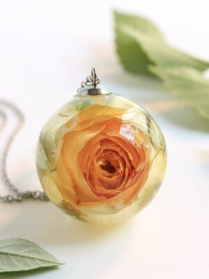Yellow Rose Pendant Necklace – Dried Flower Resin Jewelry