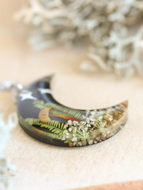 Crescent Moon Necklace with Mushroom in Resin - Mystical Jewelry