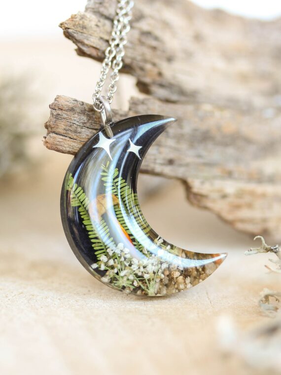 Crescent Moon Necklace with Mushroom in Resin - Mystical Jewelry