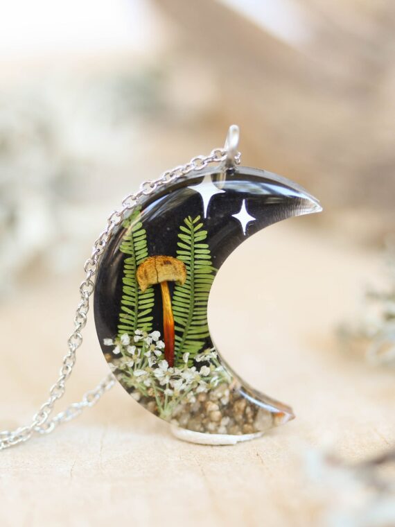 Crescent Moon Necklace with Mushroom in Resin - Mystical Jewelry