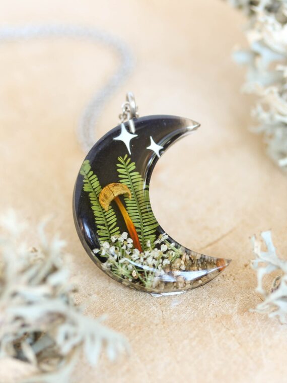 Woodland Necklace with Dried Mushroom and Plants - Moon Jewelry