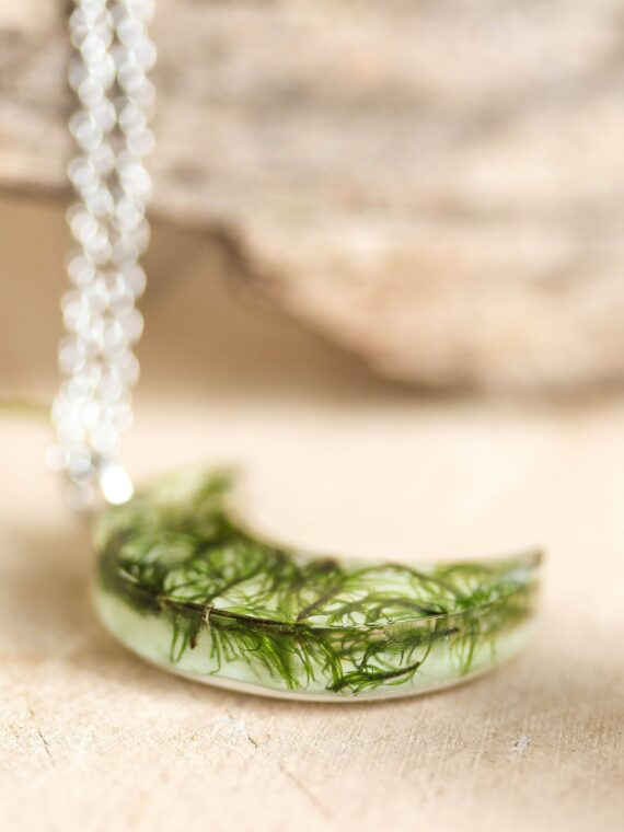 Half Moon Necklace with Real Plant in Resin – Nature Jewelry
