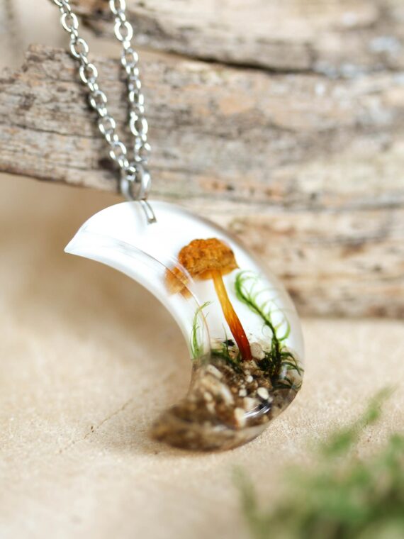 Real Mushroom Terrarium Moon Necklace, Nature Inspired Gift Idea