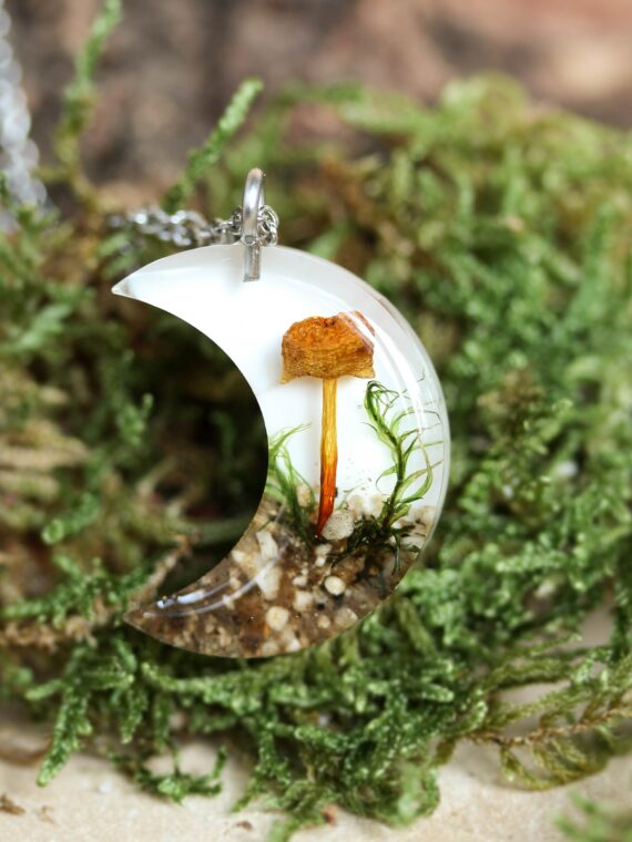 Real Mushroom Terrarium Moon Necklace, Nature Inspired Gift Idea