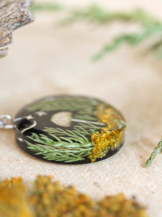 Forest Necklace with Mushroom, Real Plants, Stars and Moon