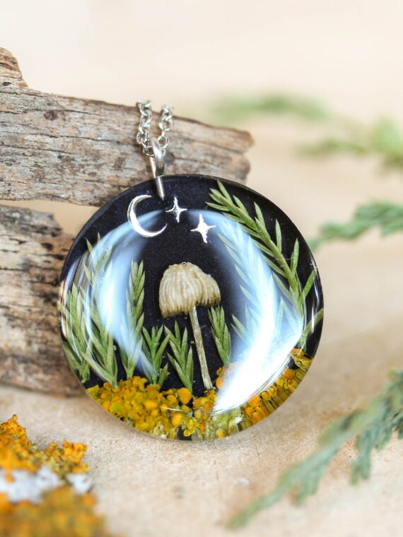 Forest Necklace with Mushroom, Real Plants, Stars and Moon