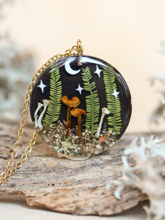 Forest lover Necklace: Real Mushroom & Leaf with Moon and Stars