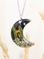 Crescent Moon Necklace with Mushroom in Resin - Mystical Jewelry