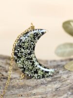 Moon Necklace with Pressed Queen Anne Lace Flower in Resin