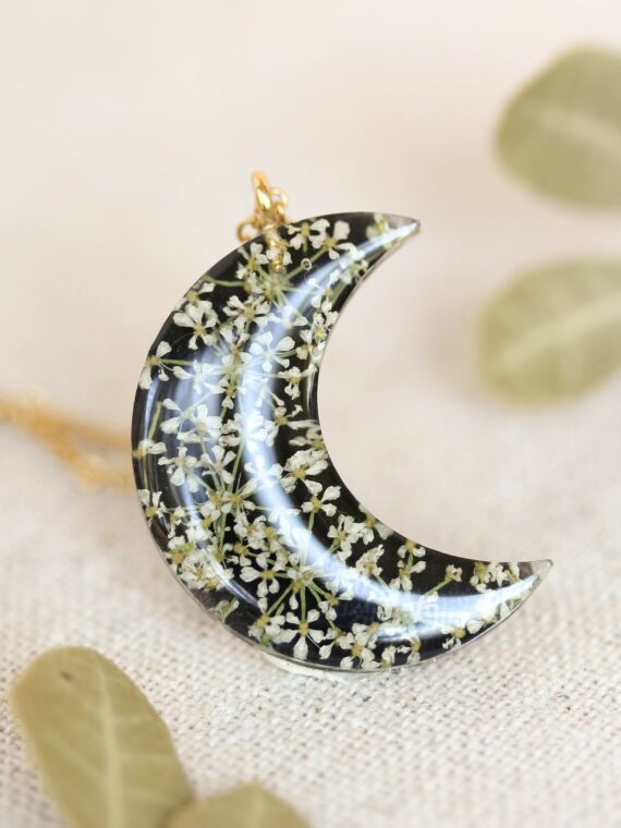 Moon Necklace with Pressed Queen Anne Lace Flower in Resin