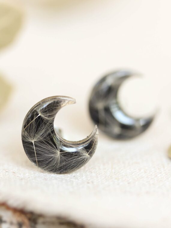 Delicate Black Moon Necklace with Real Dandelion Seeds in Resin