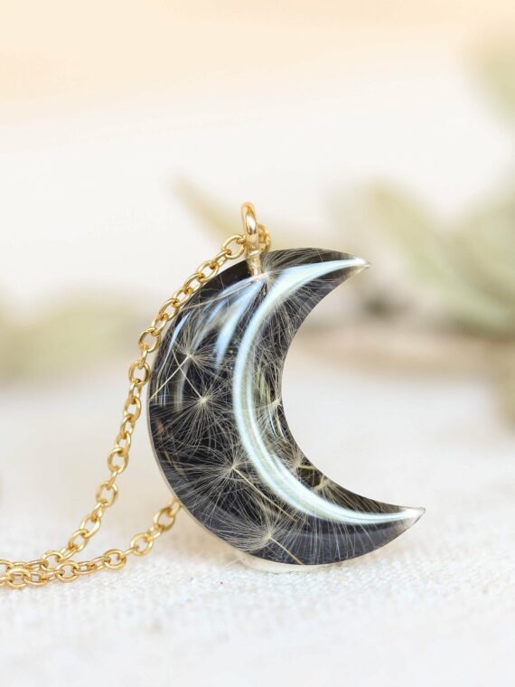 Delicate Black Moon Necklace with Real Dandelion Seeds in Resin