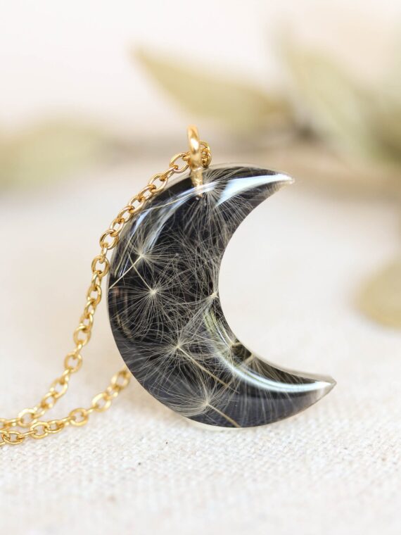 Delicate Black Moon Necklace with Real Dandelion Seeds in Resin