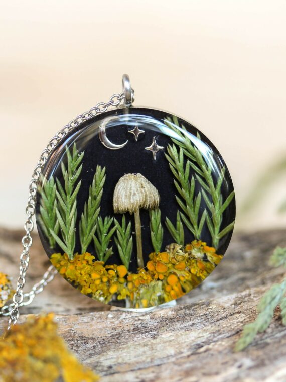 Forest Necklace with Mushroom, Real Plants, Stars and Moon