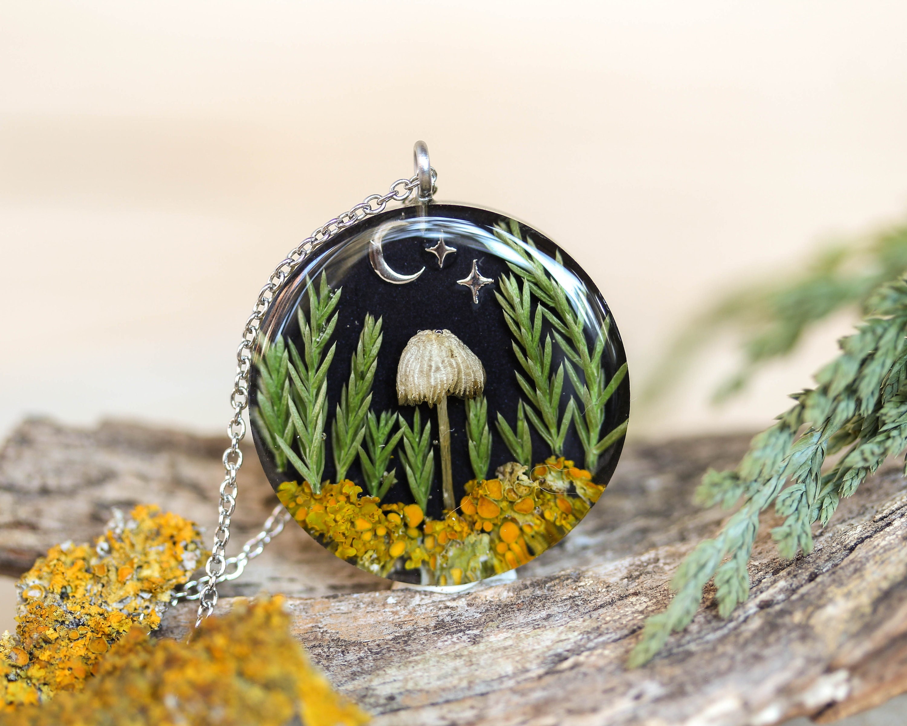 Forest Necklace with Mushroom, Real Plants, Stars and Moon