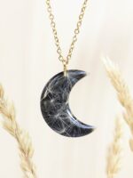 Delicate Black Moon Necklace with Real Dandelion Seeds in Resin