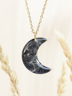 Delicate Black Moon Necklace with Real Dandelion Seeds in Resin