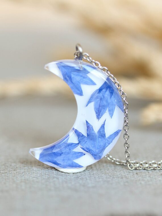 Floral Crescent Moon Necklace – Real Blue Flower Petals in Resin