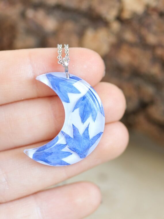 Floral Crescent Moon Necklace – Real Blue Flower Petals in Resin