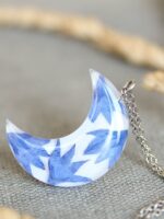 Floral Crescent Moon Necklace – Real Blue Flower Petals in Resin