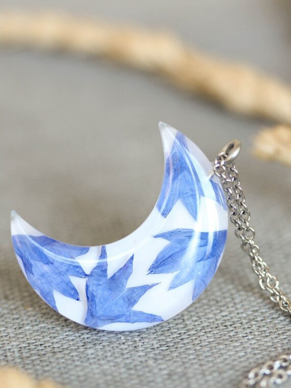 Floral Crescent Moon Necklace – Real Blue Flower Petals in Resin