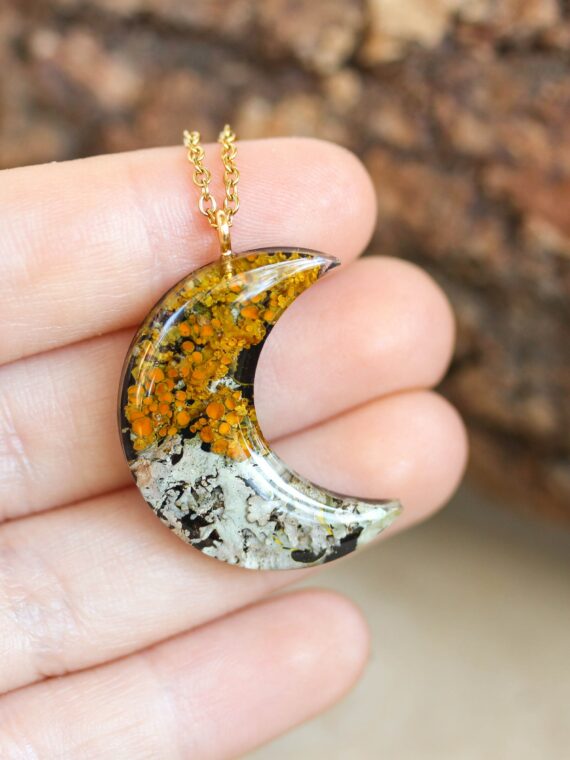 Moon Pendant with Real Lichen in Eco Resin - Forest Inspired Gifts