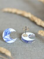 Dainty Crescent Moon Earrings Stud with Pressed Flowers in Resin