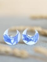 Dainty Crescent Moon Earrings Stud with Pressed Flowers in Resin