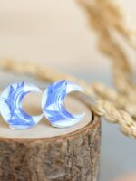 Dainty Crescent Moon Earrings Stud with Pressed Flowers in Resin