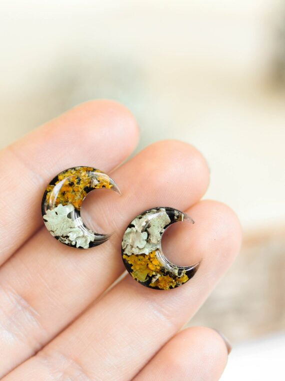 Moon Earrings Studs Inspired by Woodland with Real Lichen