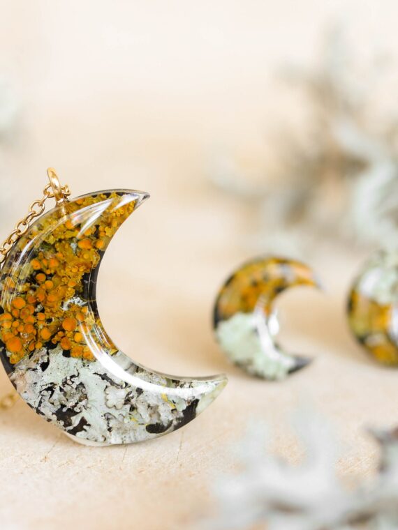 Moon Earrings Studs Inspired by Woodland with Real Lichen