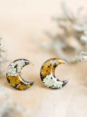 Moon Earrings Studs Inspired by Woodland with Real Lichen