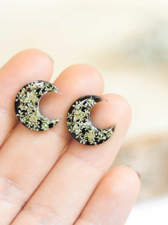 Small Half Moon Earrings Stud with Queen Anne Lace Flower