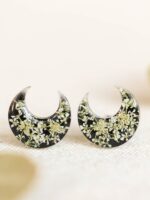 Small Half Moon Earrings Stud with Queen Anne Lace Flower