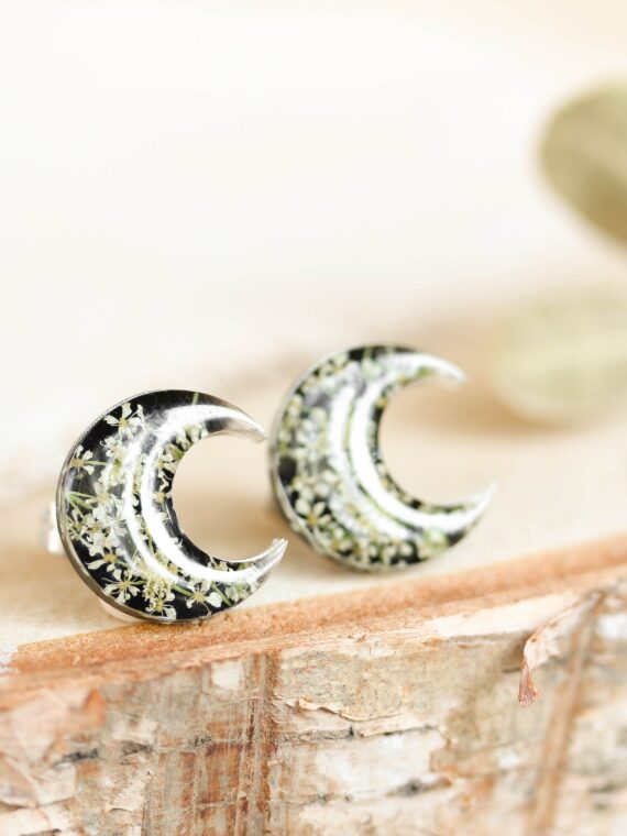 Small Half Moon Earrings Stud with Queen Anne Lace Flower